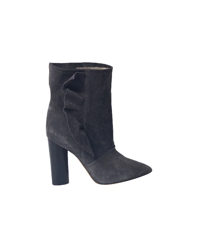 Iro Ruffle Trimmed Ankle Boots in Grey Suede Bespoke Shoe Aesthetic 