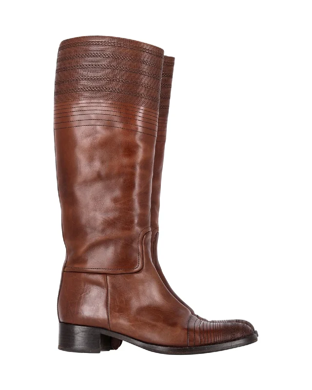 Jil Sander Knee Length Boots in Brown Leather Edwardian Shoe Look  