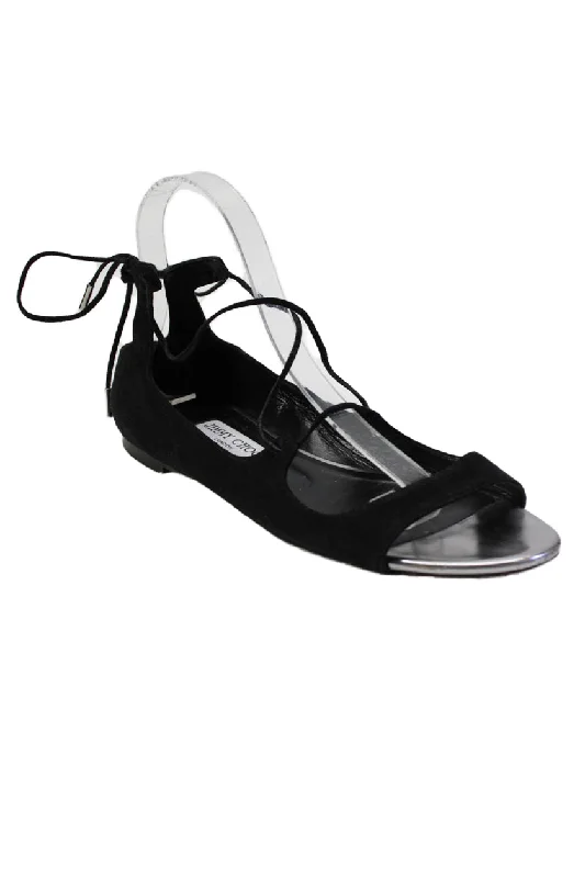 Jimmy Choo London Women's Open Toe Lace Up Suede Flat Sandals Black Hip - Hop Sneaker Style Jimmy Choo London Women's Open Toe Lace Up Suede Flat Sandals Black Hip - Hop Sneaker Style