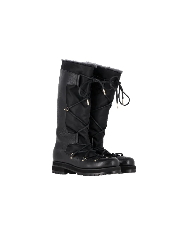 Jimmy Choo Rabbit Fur-Lined Snow Boots in Black Leather Metallic Trim Shoe Design  