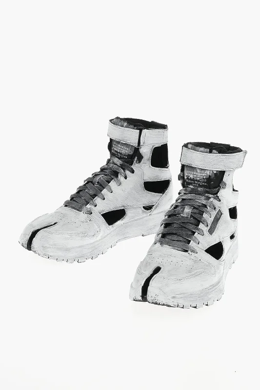 Maison Margiela Reebok Paint Effect Leather Tabi High Top Sneakers With Cuto Elastic - Sided Chelsea Look  