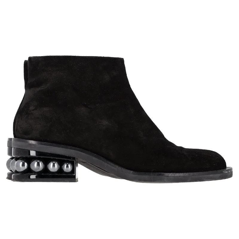 Nicholas Kirkwood Casati Pearl-Embellished Ankle Boots in Black Suede Elastic - Sided Chelsea Look  