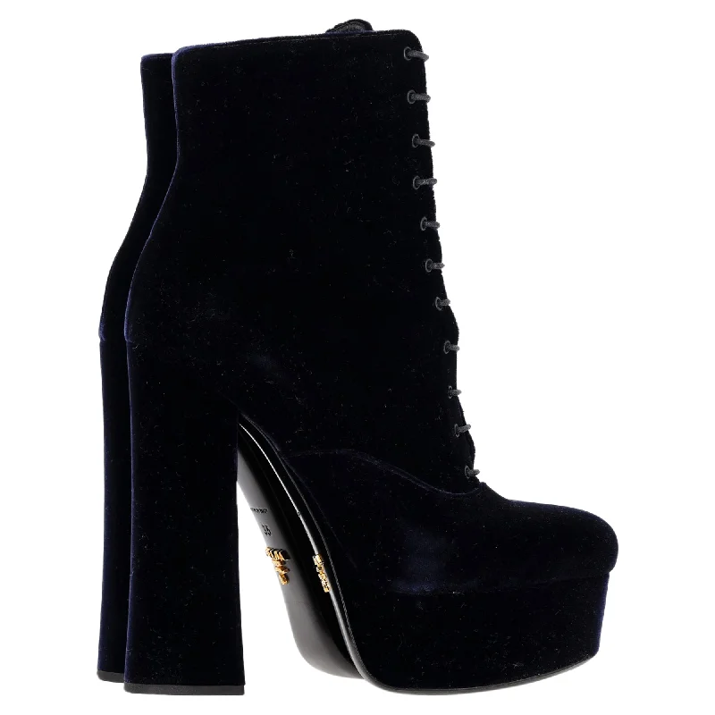Prada Lace-Up Platform Boots in Navy Blue Velvet Art Deco - Inspired Shoe Look  