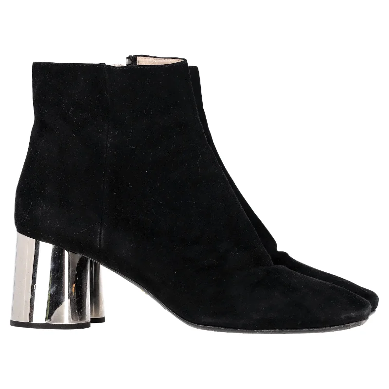 Prada Metallic Block Heel Ankle Boots in Black Suede Retro Basketball Sneaker Design  