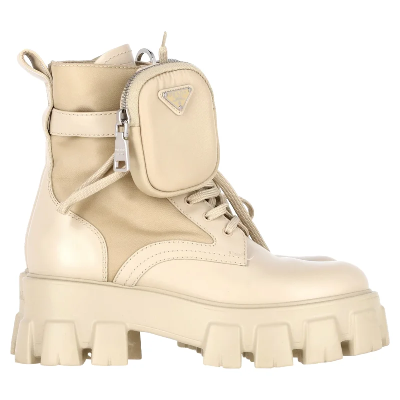 Prada Monolith Pouch-Detail Boots in Beige Leather Upcycled Shoe Look  