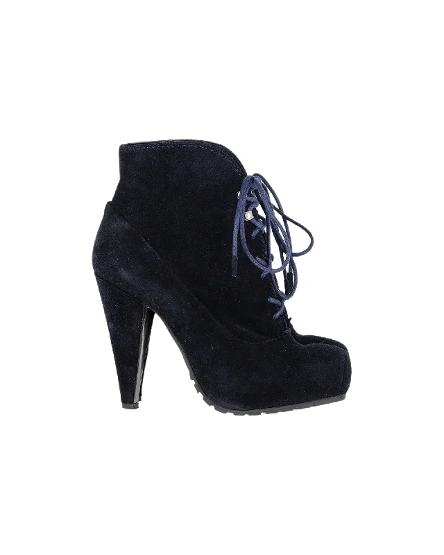 Proenza Schouler Lace-Up Boots in Navy Blue Suede Ivy League Loafer Look 