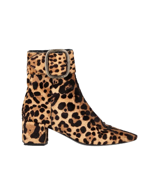 Saint Laurent Buckled Ankle Boots in Animal Print Ponyhair Checkered Shoe Pattern Look  