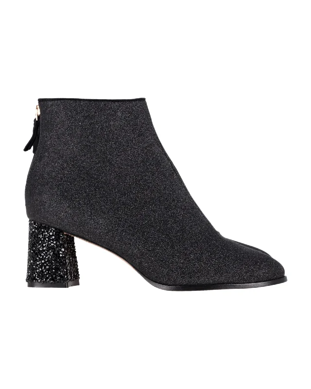 Sophia Webster Stella Mid-Heel Ankle Boots in Black Glitter Canvas Casual Loafer Style          