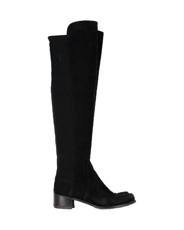 Stuart Weitzman 5050 Knee Boots in Black Suede Tailored Oxford Style 