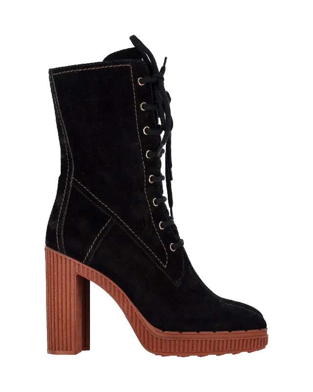 Tod's Altraversione Zip-Up Heeled Boots in Black Suede Camouflage Print Boot Style  