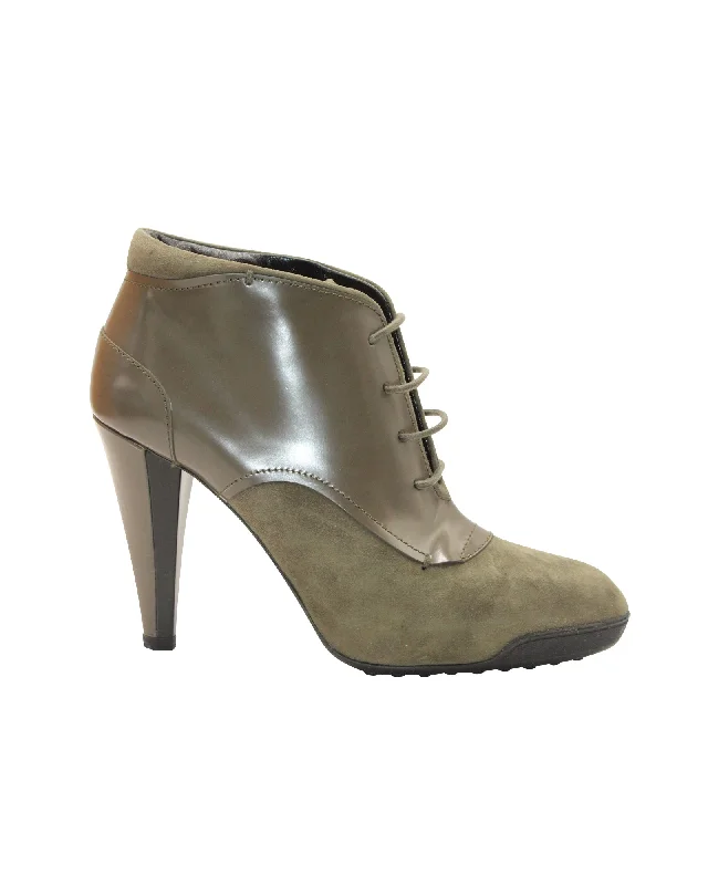 Tod's Lace-Up High Heel Boots in Olive Suede and Leather Athleisure Derby Style  