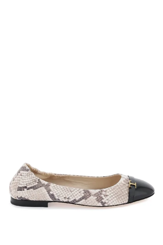 Tod's Snake-Printed Leather Ballet Flats Beaded Moccasin Design 