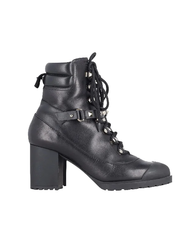 Valentino Garavani Studded Strap Combat Boots in Black Leather Embroidered Cowboy Boot Design Valentino Garavani Studded Strap Combat Boots in Black Leather Embroidered Cowboy Boot Design