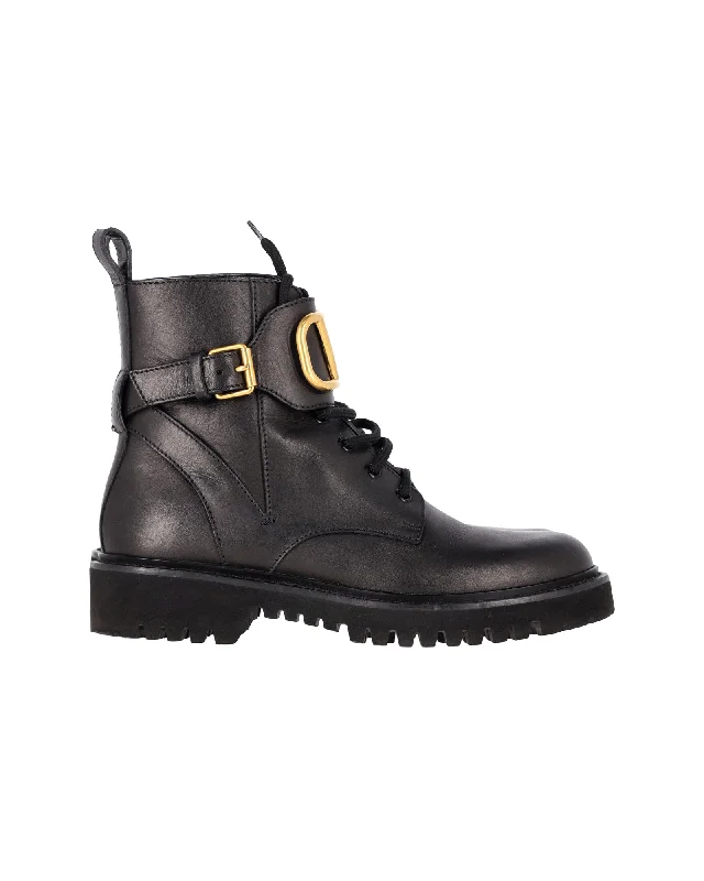 Valentino Garavani VLogo Combat Boots in Black Calfskin Leather Inflatable Shoe Look 
