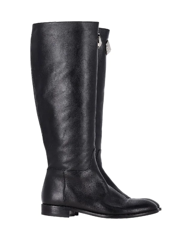 Versus Tiger Plaque Knee-High Flat Boots in Black Leather Moccasin Soft - Sole Style  