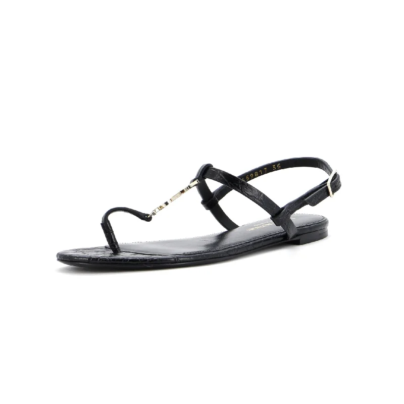 Women's Cassandra Thong Flat Sandals Crocodile Embossed Leather Rubber - Sole Plimsoll Look  