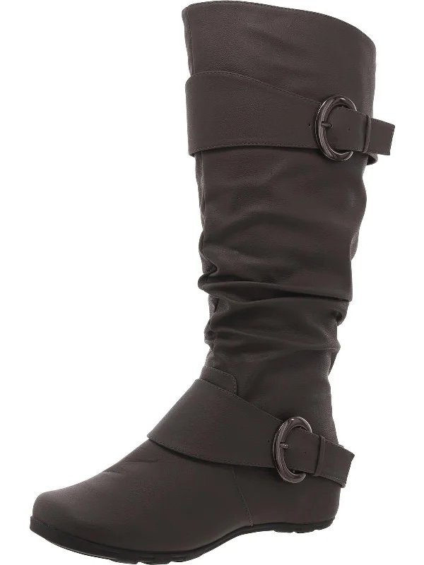 Womens Faux eather Buckle Knee-High Boots Metallic Trim Shoe Design  