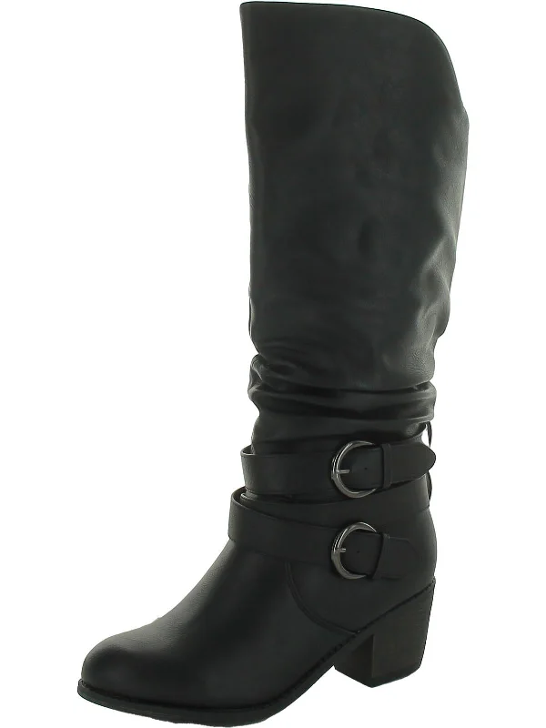 Womens Faux Leather Block Heel Knee-High Boots Buckle -