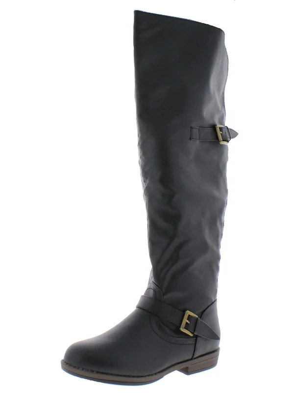 Womens Faux Leather Buckle Riding Boots Hip - Hop Sneaker Style  