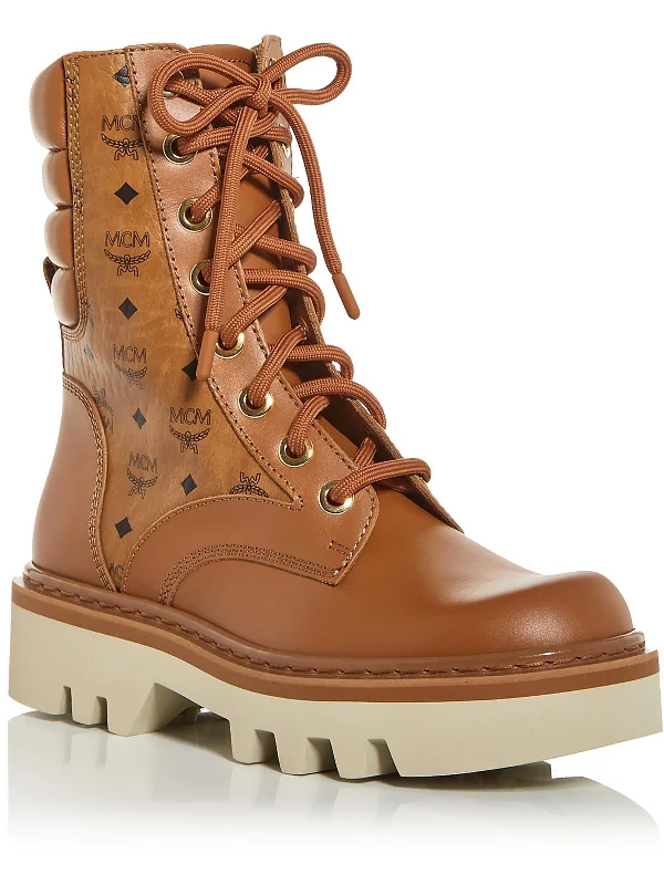 Womens Faux Leather Logo Combat & Lace-Up Boots Inflatable Shoe Look 