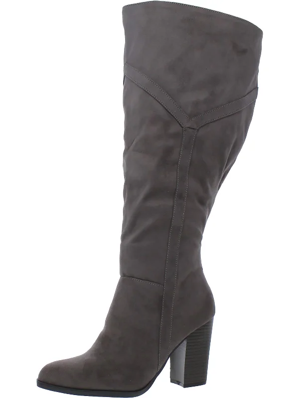 Womens Faux Suede Stacked Heel Knee-High Boots Checkered Shoe Pattern Look  