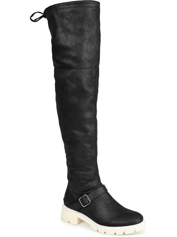 Womens Faux Suede Thigh-High Boots Metallic Trim Shoe Design  