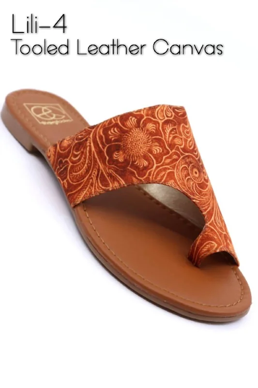 Women's Lili 4 Sandals In Tooled Leather Canvas Tassel Driving Shoe Look 