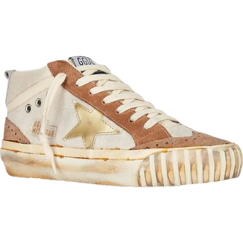 Women's Mid Star Sneakers In Natural White/Brown/golden/cream Tailored Oxford Style Women's Mid Star Sneakers In Natural White/Brown/golden/cream Tailored Oxford Style
