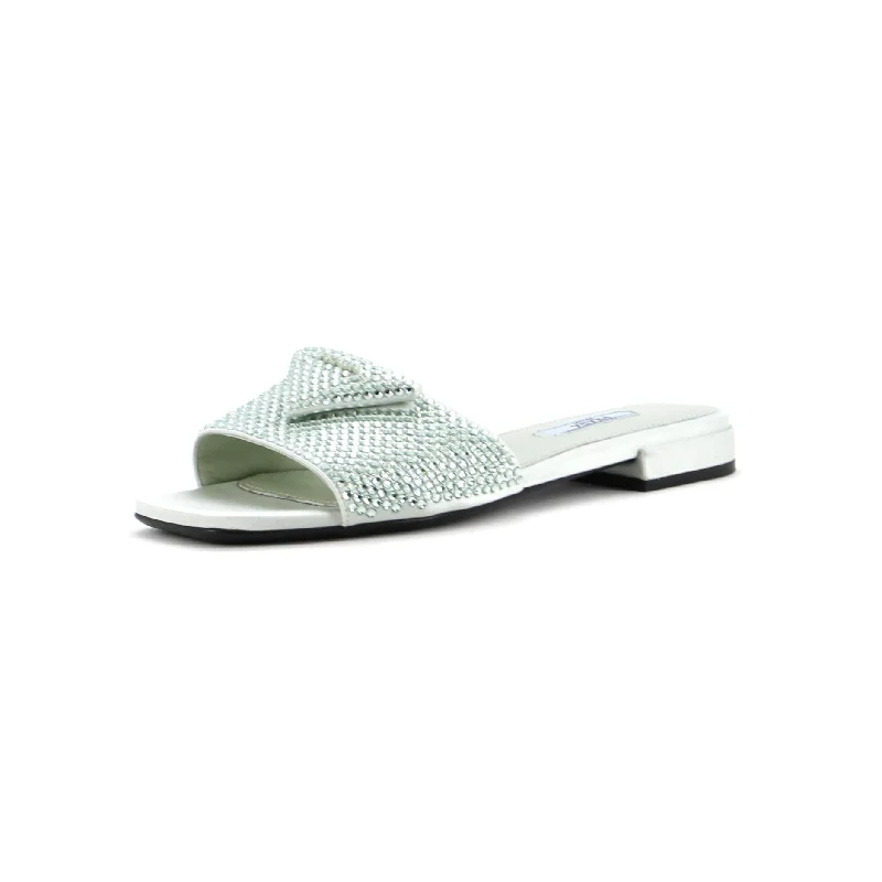 Women's Triangle Logo Slide Sandals Crystal Embellished Satin Tailored Oxford Style 