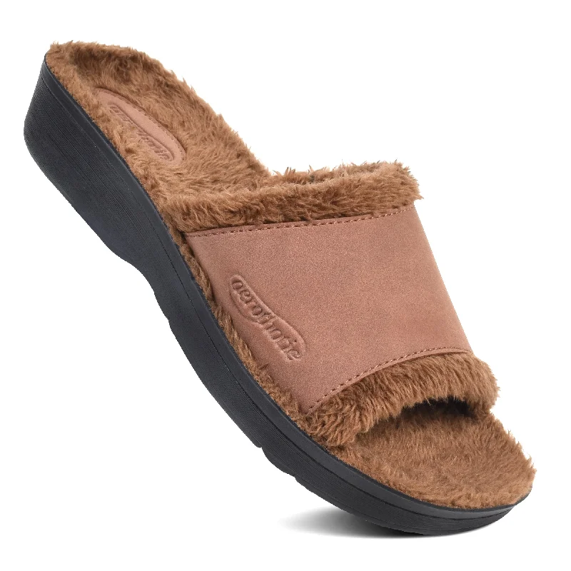 Aerothotic - Aspen Fuzzy Strap Ladies Arch Support Slides Neon - Accent Sneaker Look  