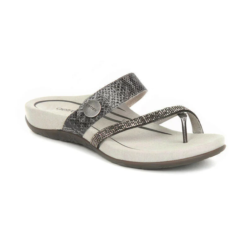 Aetrex Izzy Sparkle Women's Sandals - Pewter Strap - Up Sandal Resort Style  